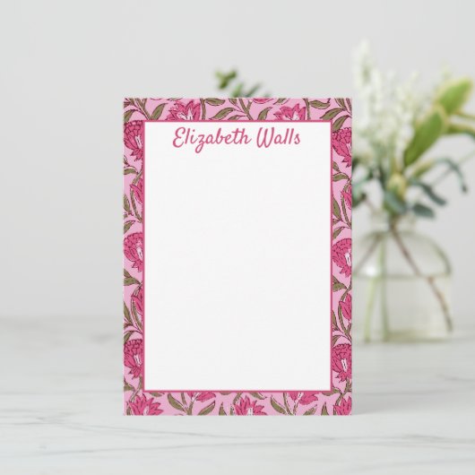 Roze Bloemen Block Print, Gepersonaliseerd briefpa Bedankkaart (Staand voorkant)