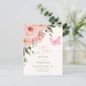 Roze bloemen bloeien bruiloft save the date (Staand voorkant)