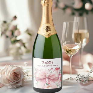 Roze bloemen bloeien vrijgezellenfeest sparkling wijnetiket