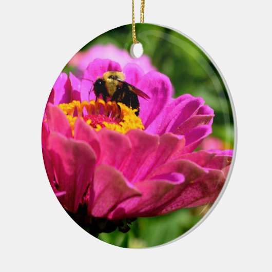 Roze bloemen bloem Roze Zinnia met hommel Keramisch Ornament (Links)