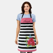 roze bloemen bloem zwart wit gestreept schort (Gedragen)