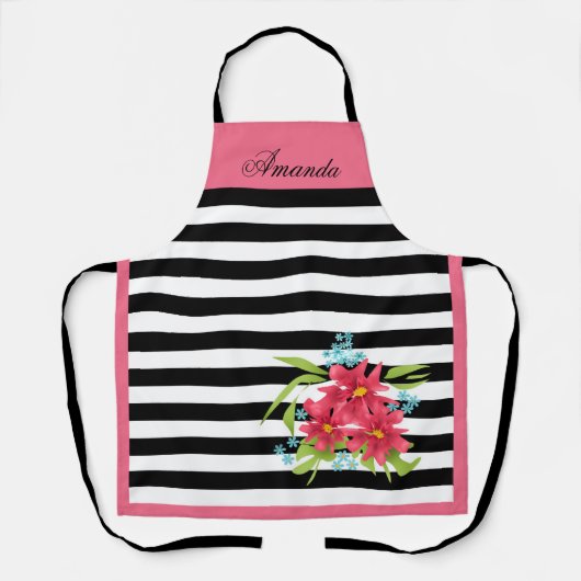 roze bloemen bloem zwart wit gestreept schort (Voorkant)
