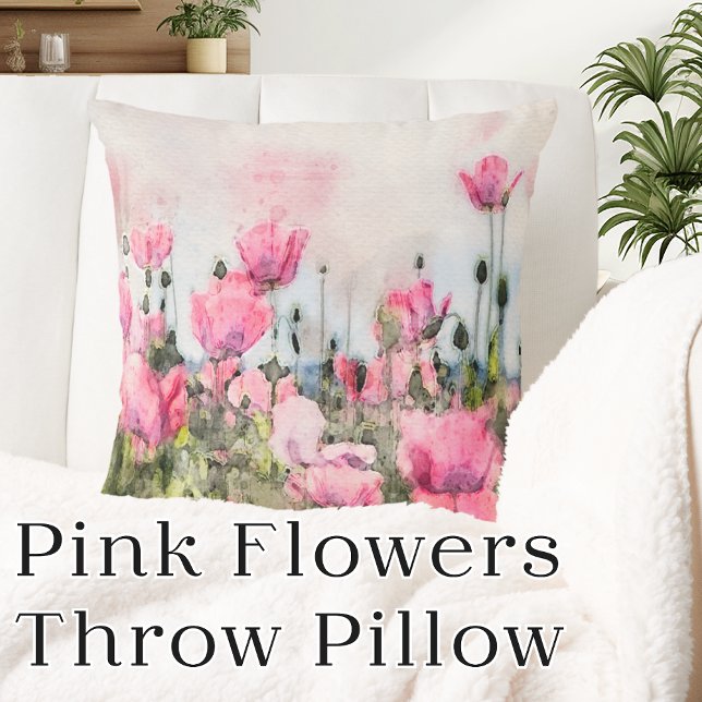 Roze Bloemen Bloemen Bloemen Waterverf Kussen (Pink Flowers Floral Watercolor Throw Pillow)