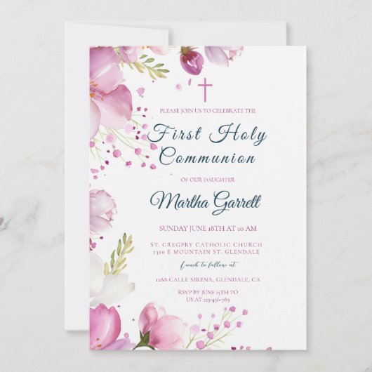 Roze Bloemen Bloemen Dochter Eerste Heilige Commun Kaart (Voorkant)