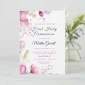 Roze Bloemen Bloemen Dochter Eerste Heilige Commun Kaart (Staand voorkant)