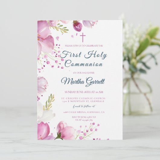 Roze Bloemen Bloemen Dochter Eerste Heilige Commun Kaart (Staand voorkant)