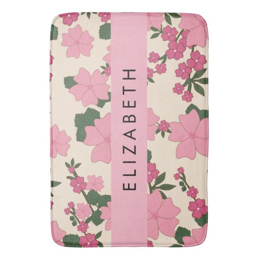 Roze bloemen, bloemenmotief, Jouw naam Badmat (Voorkant Verticaal)