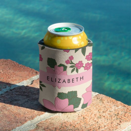 Roze bloemen, bloemenmotief, Jouw naam Blikjeskoeler (Insitu Zwembad)