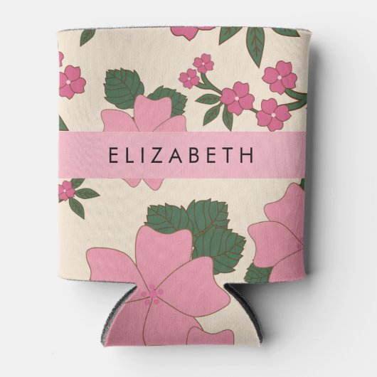 Roze bloemen, bloemenmotief, Jouw naam Blikjeskoeler (Voorkant)