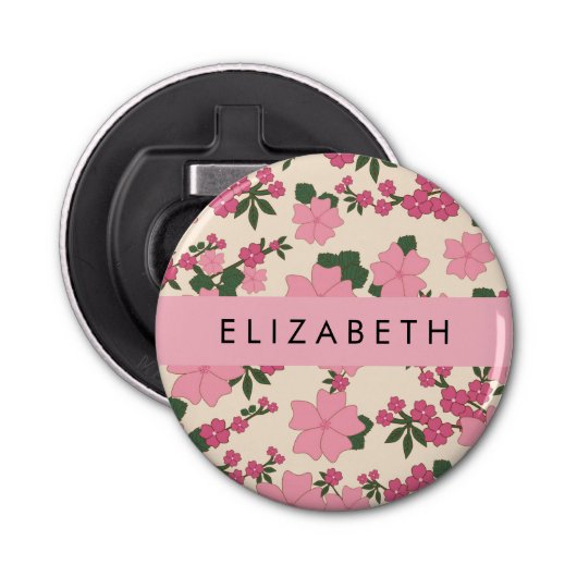Roze bloemen, bloemenmotief, Jouw naam Button Flesopener (Voorkant)