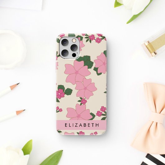 Roze bloemen, bloemenmotief, Jouw naam Case-Mate iPhone Case
