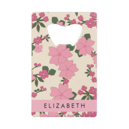 Roze bloemen, bloemenmotief, Jouw naam Creditkaart Flessenopener