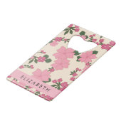 Roze bloemen, bloemenmotief, Jouw naam Creditkaart Flessenopener (Voorkant Gekanteld)