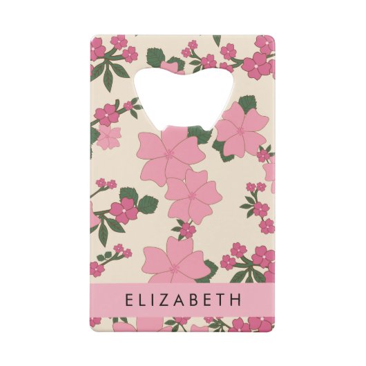 Roze bloemen, bloemenmotief, Jouw naam Creditkaart Flessenopener (Achterkant)