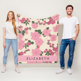 Roze bloemen, bloemenmotief, Jouw naam Fleece Deken