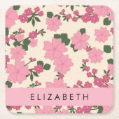 Roze bloemen, bloemenmotief, Jouw naam Kartonnen Onderzetters (Voorkant)