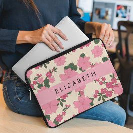 Roze bloemen, bloemenmotief, Jouw naam Laptop Sleeve