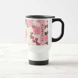 Roze bloemen, bloemenmotief, Jouw naam Reisbeker