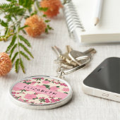 Roze bloemen, bloemenmotief, Jouw naam Sleutelhanger (Zijkant)