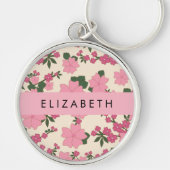 Roze bloemen, bloemenmotief, Jouw naam Sleutelhanger (Voorkant)