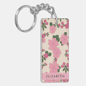 Roze bloemen, bloemenmotief, Jouw naam Sleutelhanger (Voorkant Links)