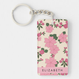 Roze bloemen, bloemenmotief, Jouw naam Sleutelhanger