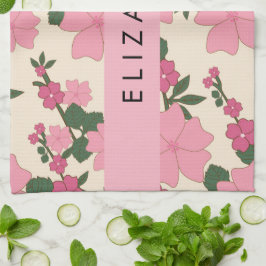 Roze bloemen, bloemenmotief, Jouw naam Theedoek