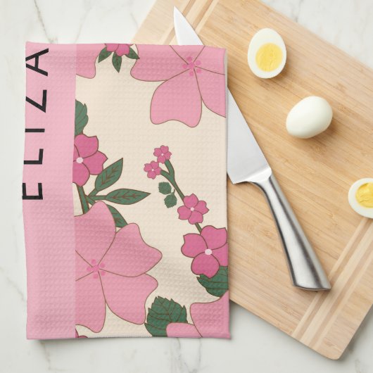 Roze bloemen, bloemenmotief, Jouw naam Theedoek (Quarter Fold)