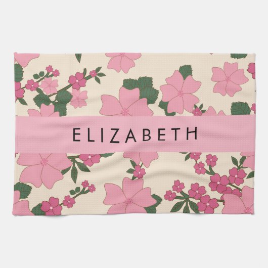 Roze bloemen, bloemenmotief, Jouw naam Theedoek (Horizontaal)