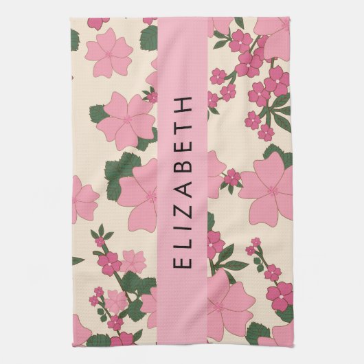 Roze bloemen, bloemenmotief, Jouw naam Theedoek (Verticaal)