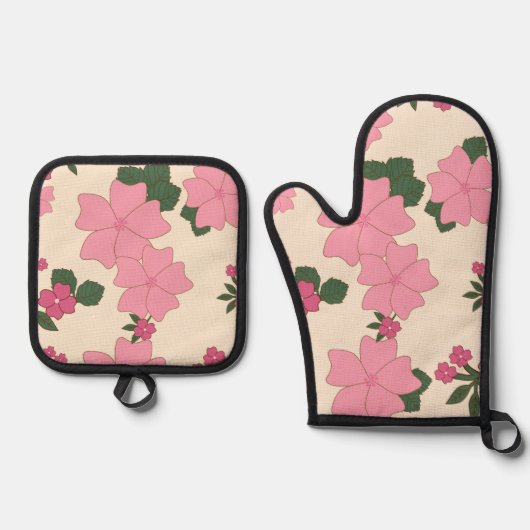 Roze bloemen, bloempatroon, patroon van bloemen ovenwant & pannenlap set (Voorkant)