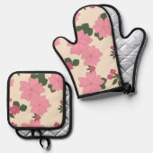 Roze bloemen, bloempatroon, patroon van bloemen ovenwant & pannenlap set (Voorkant / Achterkant)