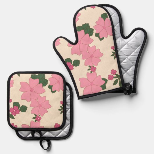 Roze bloemen, bloempatroon, patroon van bloemen ovenwant & pannenlap set (Voorkant / Achterkant)