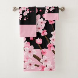Roze Bloemen Bloesems Zwart & Roze Handdoek