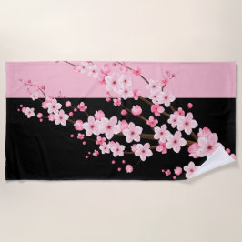 Roze Bloemen Bloesems Zwart & Roze Handdoek