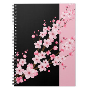 Roze Bloemen Bloesems Zwart & Roze Handdoek Notitieboek