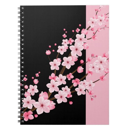 Roze Bloemen Bloesems Zwart & Roze Handdoek Notitieboek (Voorkant)