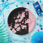 Roze Bloemen Bloesems Zwart & Roze Handdoek Papieren Bordje (Feest)