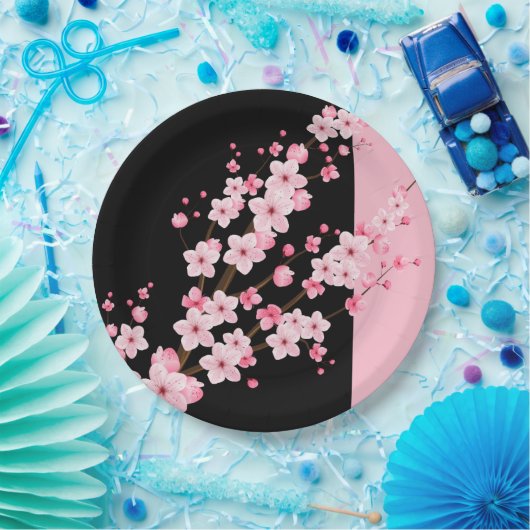 Roze Bloemen Bloesems Zwart & Roze Handdoek Papieren Bordje (Feest)