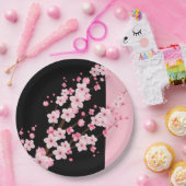 Roze Bloemen Bloesems Zwart & Roze Handdoek Papieren Bordje (Feest)