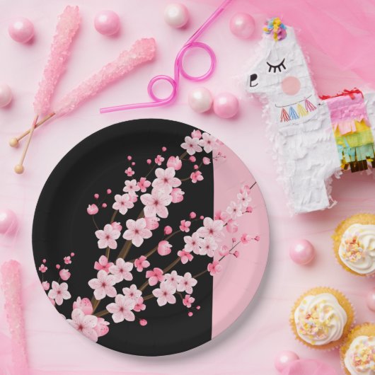 Roze Bloemen Bloesems Zwart & Roze Handdoek Papieren Bordje (Feest)