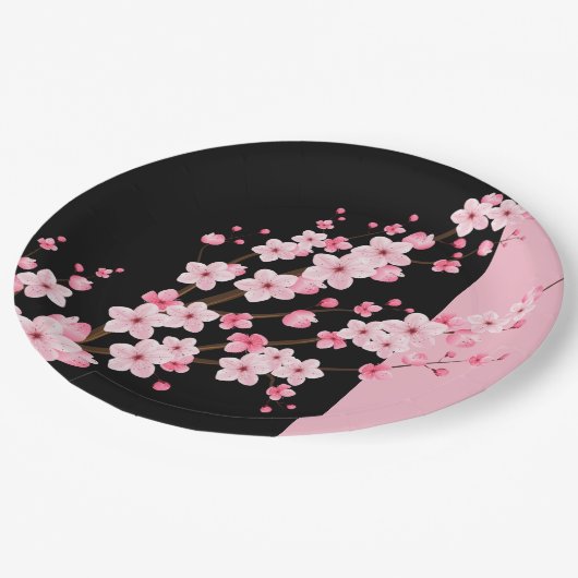 Roze Bloemen Bloesems Zwart & Roze Handdoek Papieren Bordje (Gekanteld)