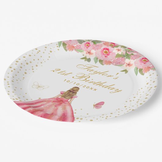 Roze Bloemen Blond Haar Meisje Verjaardagsfeest Papieren Bordje (Gekanteld)