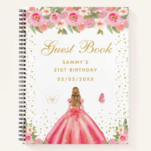 Roze Bloemen Blond Haar Prinses Gastenboek Notitieboek (Voorkant)