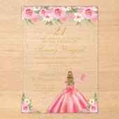 Roze Bloemen Blond Haar Prinses Verjaardagsfeest Acryl Uitnodigingen (Voorkant)