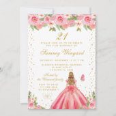 Roze Bloemen Blond Haar Prinses Verjaardagsfeest Kaart (Voorkant)