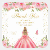 Roze Bloemen Blond Haar Prinses Verjaardagsfeest Vierkante Sticker (Voorkant)