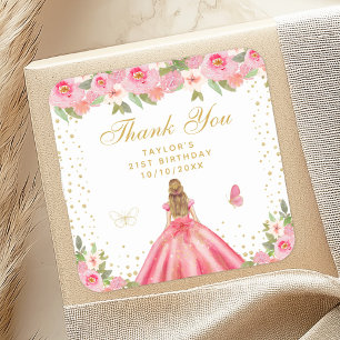 Roze Bloemen Blond Haar Prinses Verjaardagsfeest Vierkante Sticker