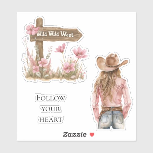Roze Bloemen Blond Meisje Wild West Sticker (Vel)