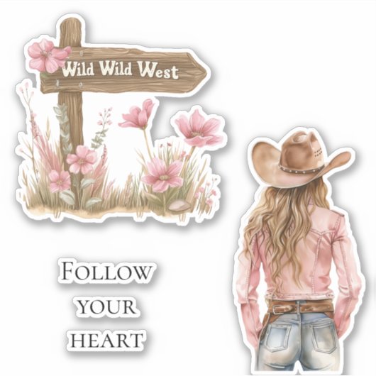 Roze Bloemen Blond Meisje Wild West Sticker (Voorkant)
